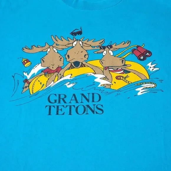 Vintage Grand‎ Tetons Funny Moose T-Shirt Size XL Singlestitch Sleeves Blue 1988 - Picture 2 of 9